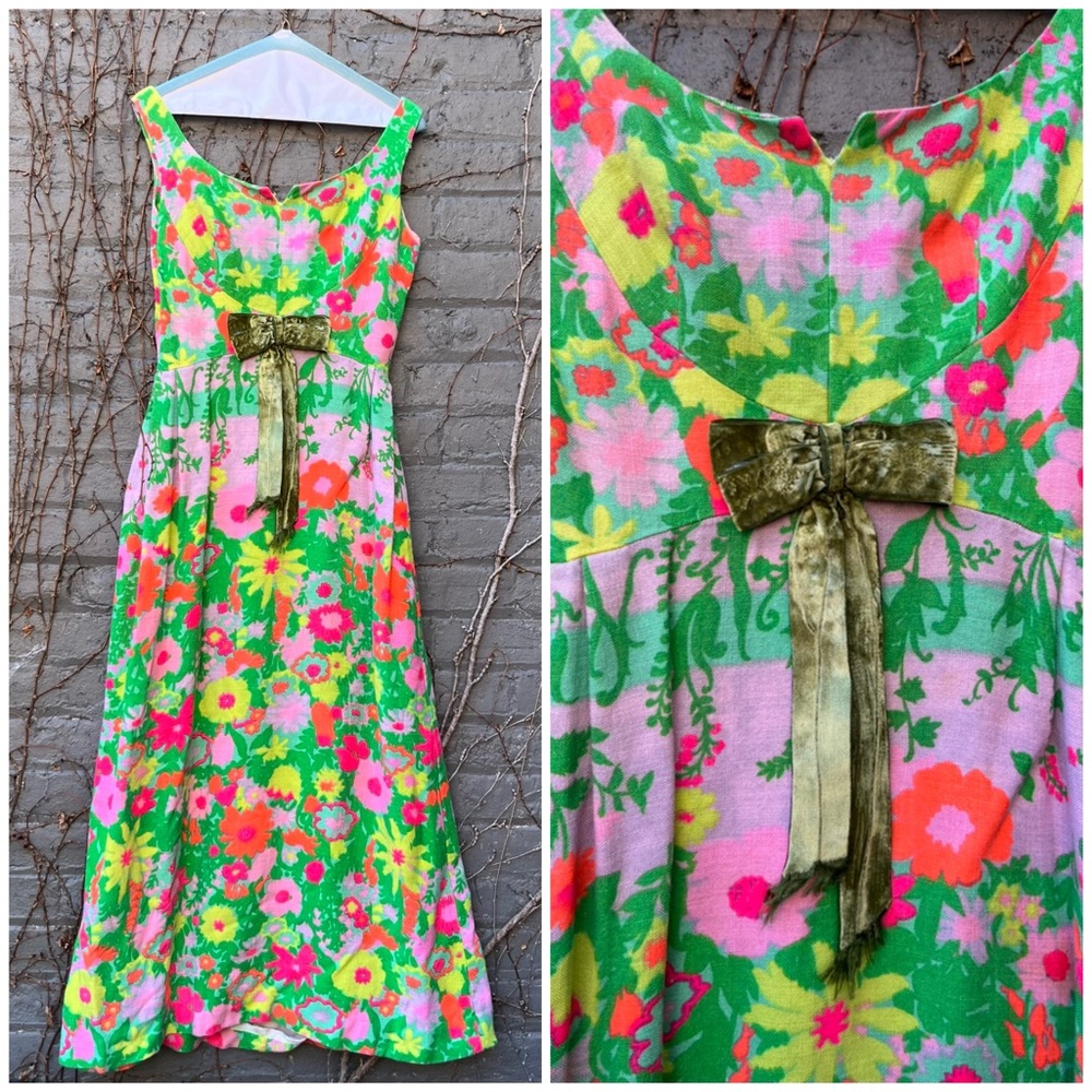 1960s Mod Floral Linen Maxi Dress with Green Bow/Festival/Bohemian/Folk